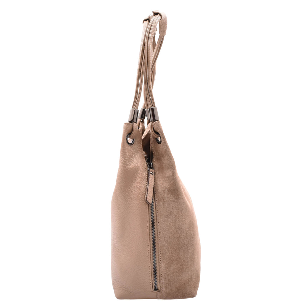 DR593 Women's Suede Leather Large Shoulder Bag Zip Hobo Taupe 3