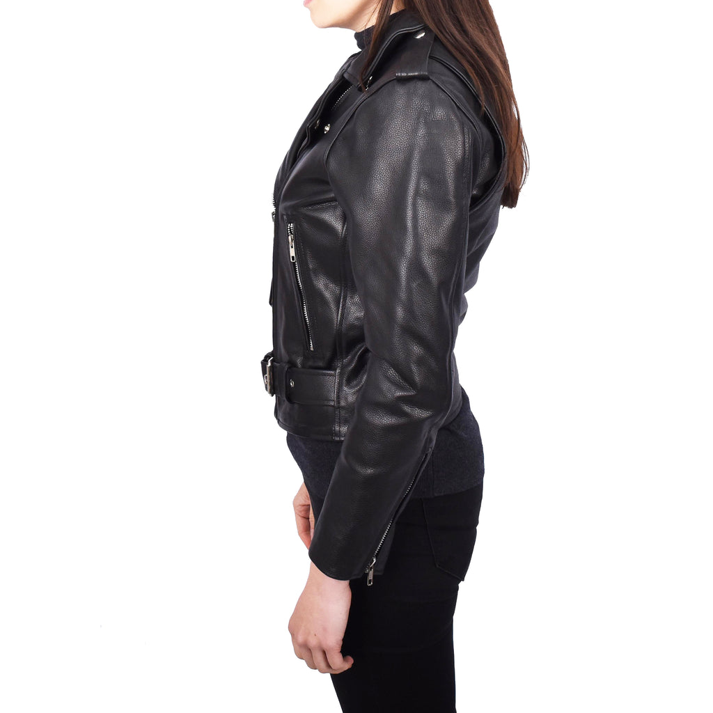 Women's Real Leather Black Biker Jacket Brando Style Sabine 3