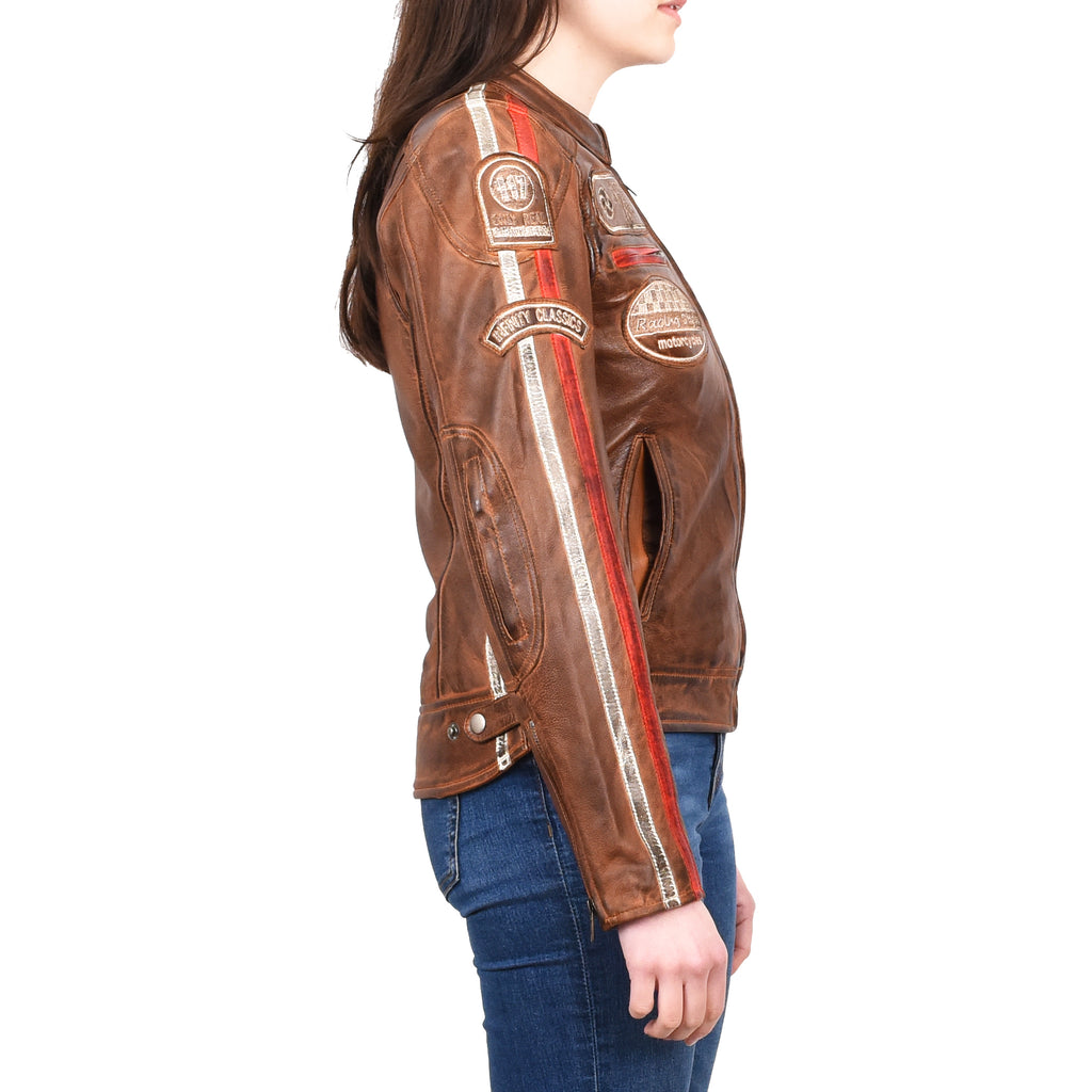 Women's Genuine Leather Biker Racing Badges Jacket Café Racer Tan Rayne 3