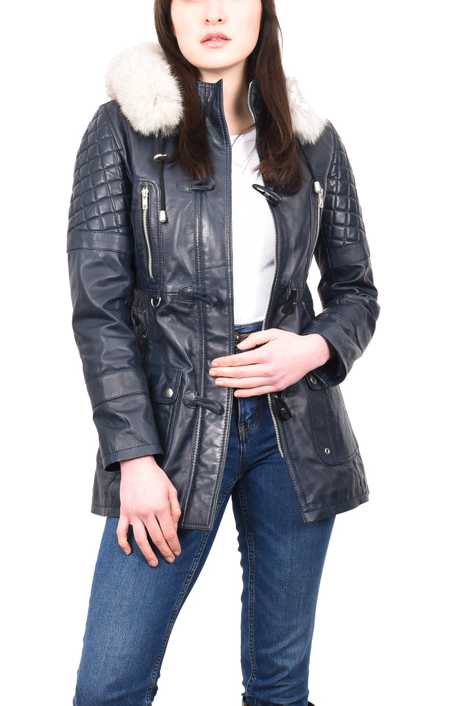 Women's Original Detachable Hoodie Duffel Leather Coat Navy Velvetine 3