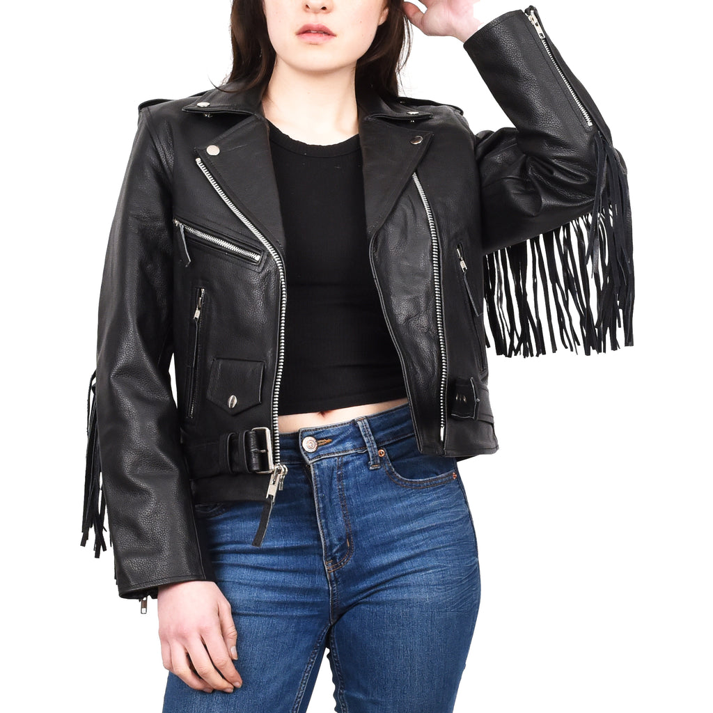 Women's Cowhide Leather Biker Jacket Brando Fringes Cross Zip Vinga Black 3