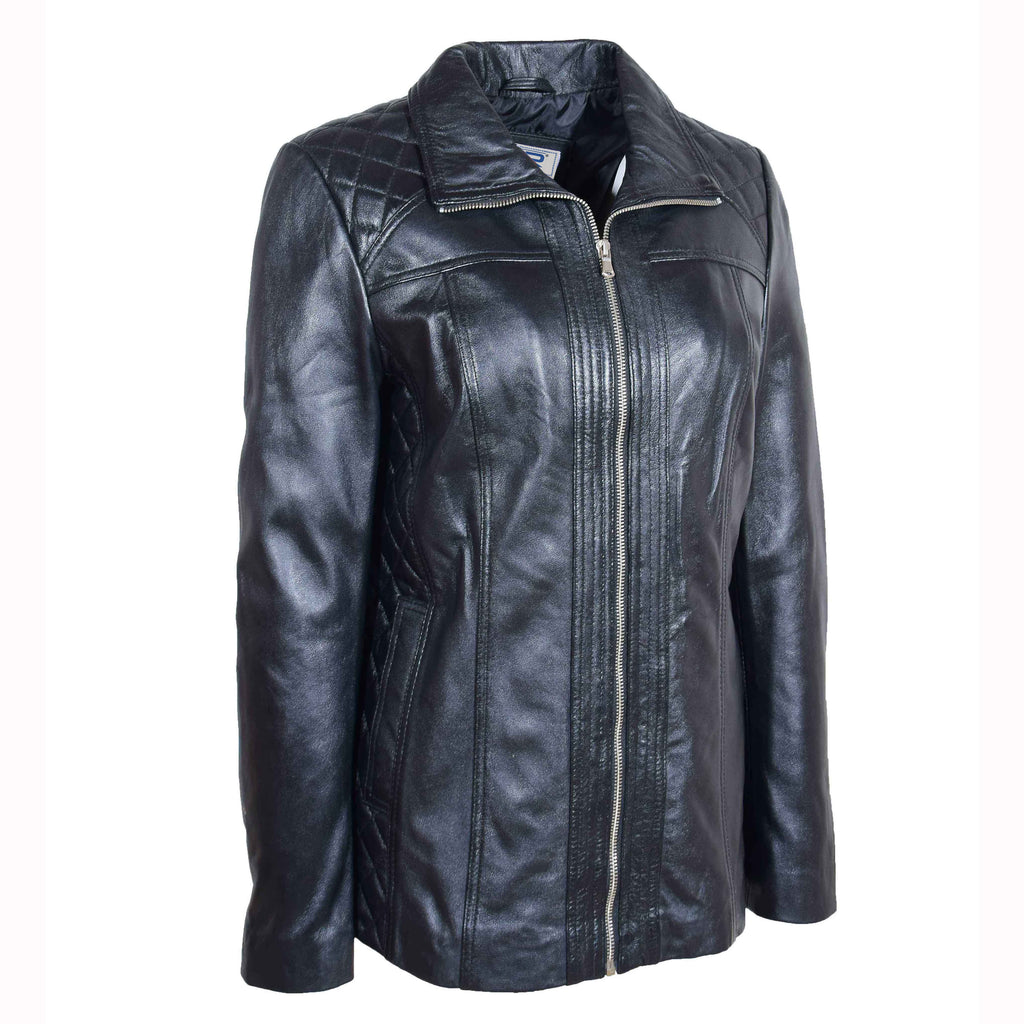 DR564 Women's Genuine Leather Jacket Zip Quilted Black 3