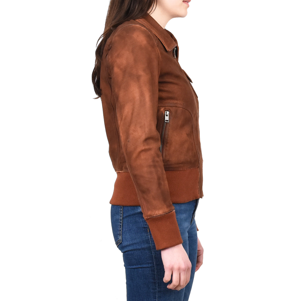 Women's Real Leather Bomber Jacket Slim Fit MA-1 Varsity Chloe Tan 3