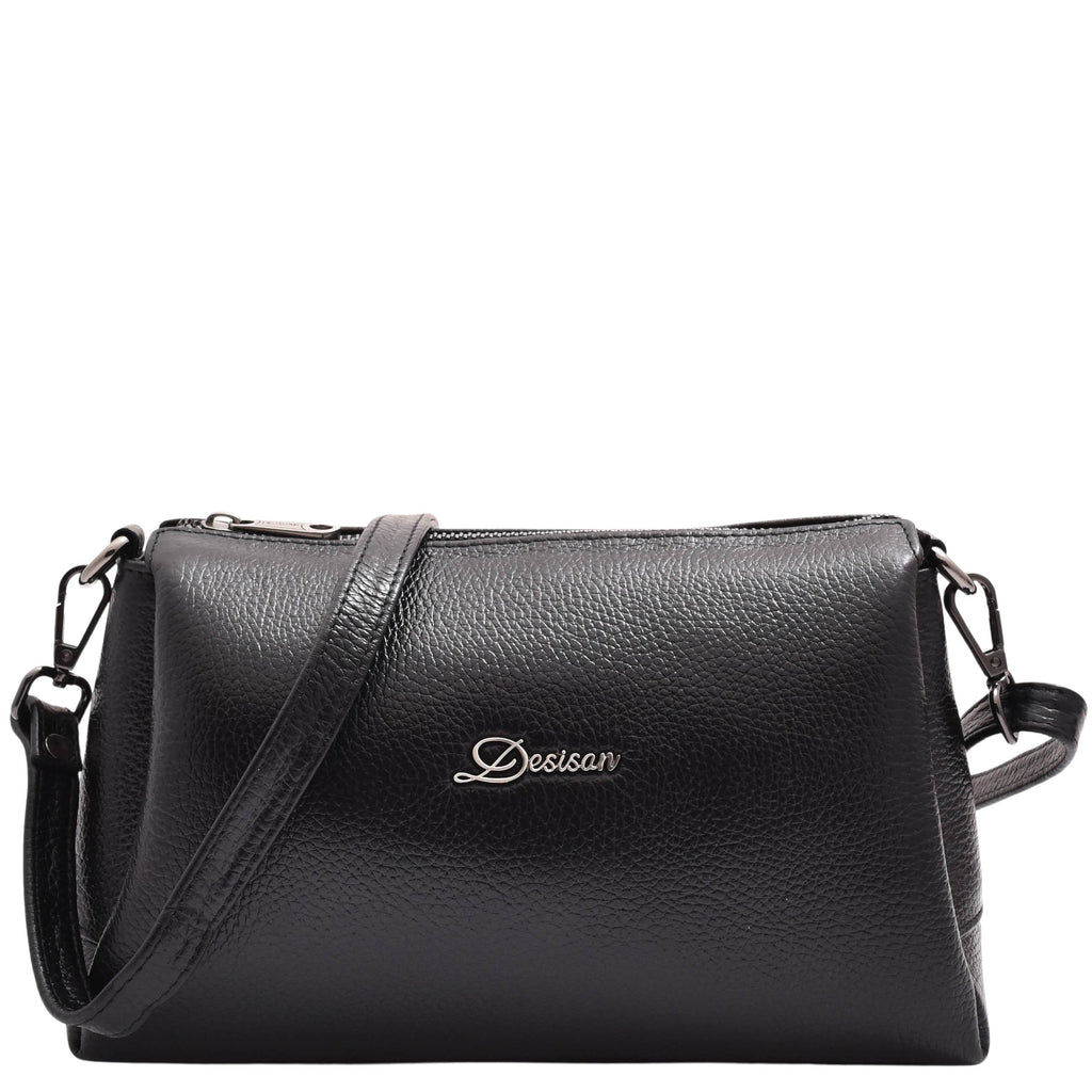 DR597 Women's Genuine Leather Small Zip Handbag Shoulder Bag Black 3