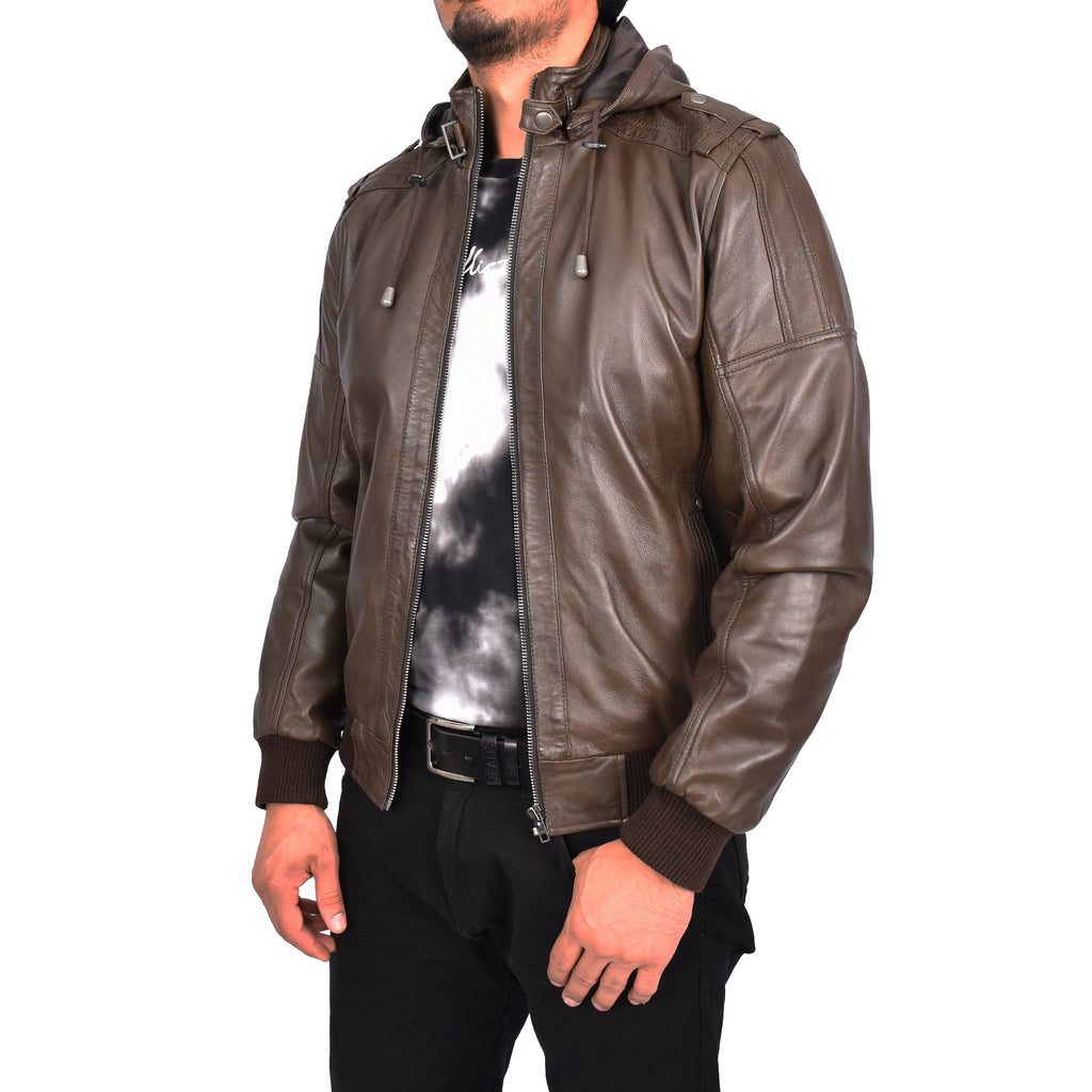 Men's Soft Sheep Nappa Leather Bomber Jacket Removable Hood Kent Brown 3