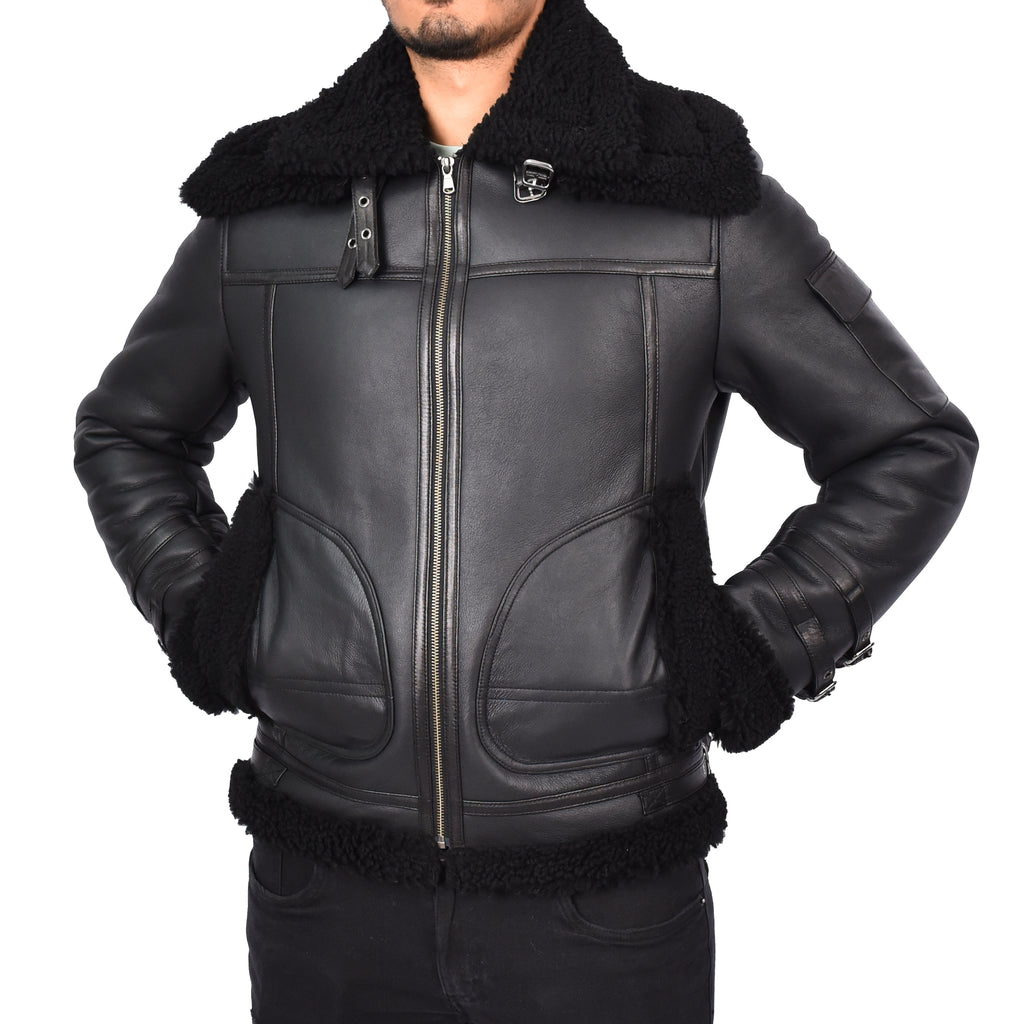 Mens Retro Biker Real Sheepskin Jacket Motorcycle Style Magnus Black 3