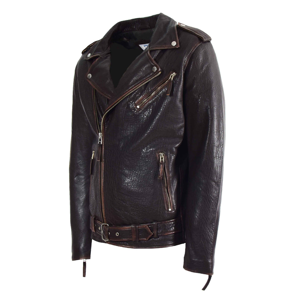 DR574 Men’s Genuine New Zealand Leather Zip-Up Biker Style Jacket Brown 3