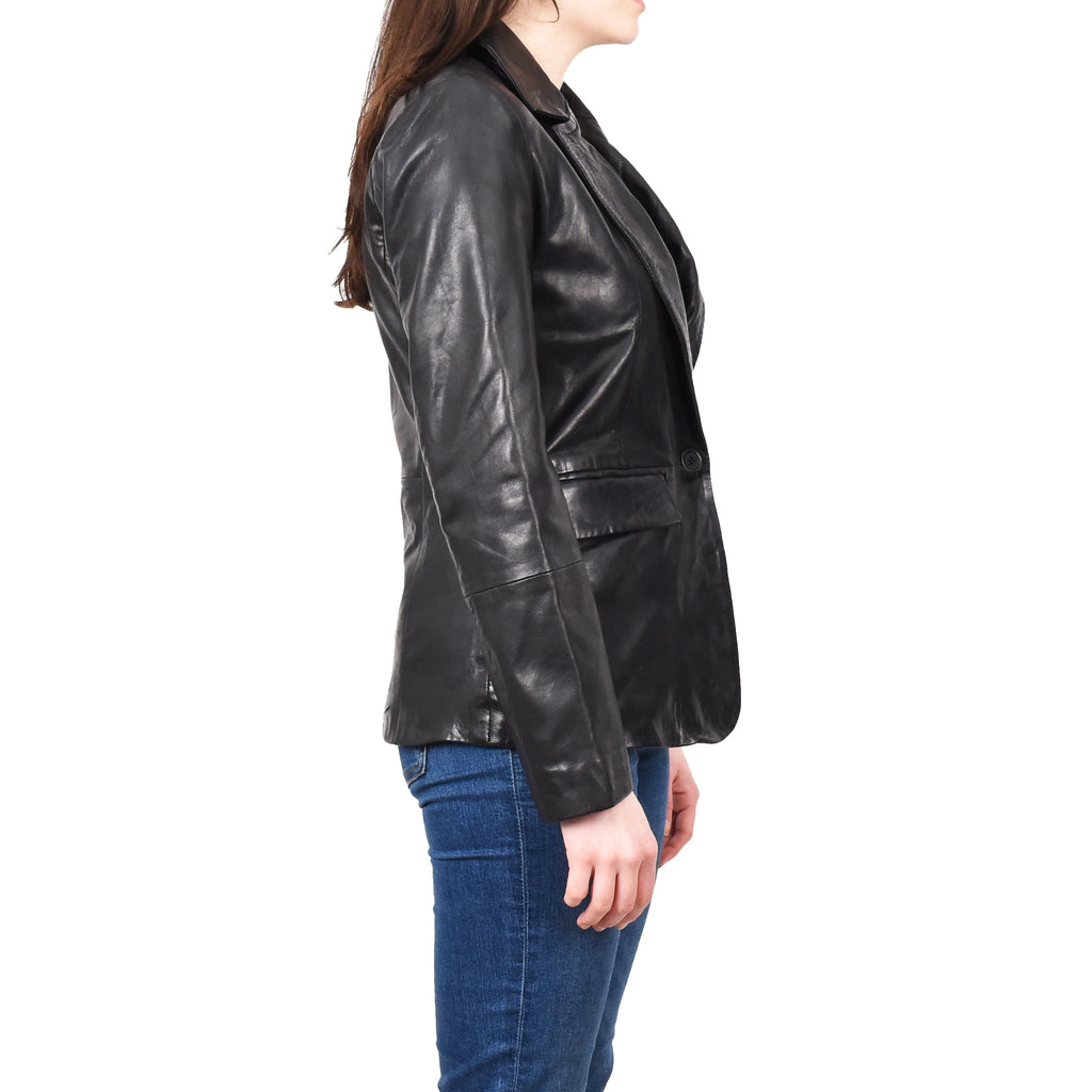 Women's Sheep Leather Single Button Blazer Jacket Classic Lilja Black 7