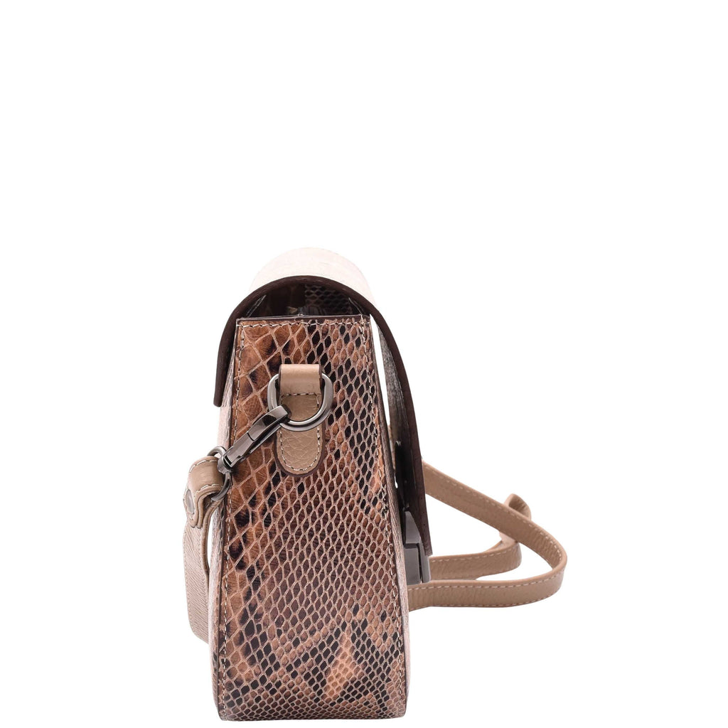 DR578 Women's Genuine Leather Small Sized Cross Body Bag Snake Print Taupe 3