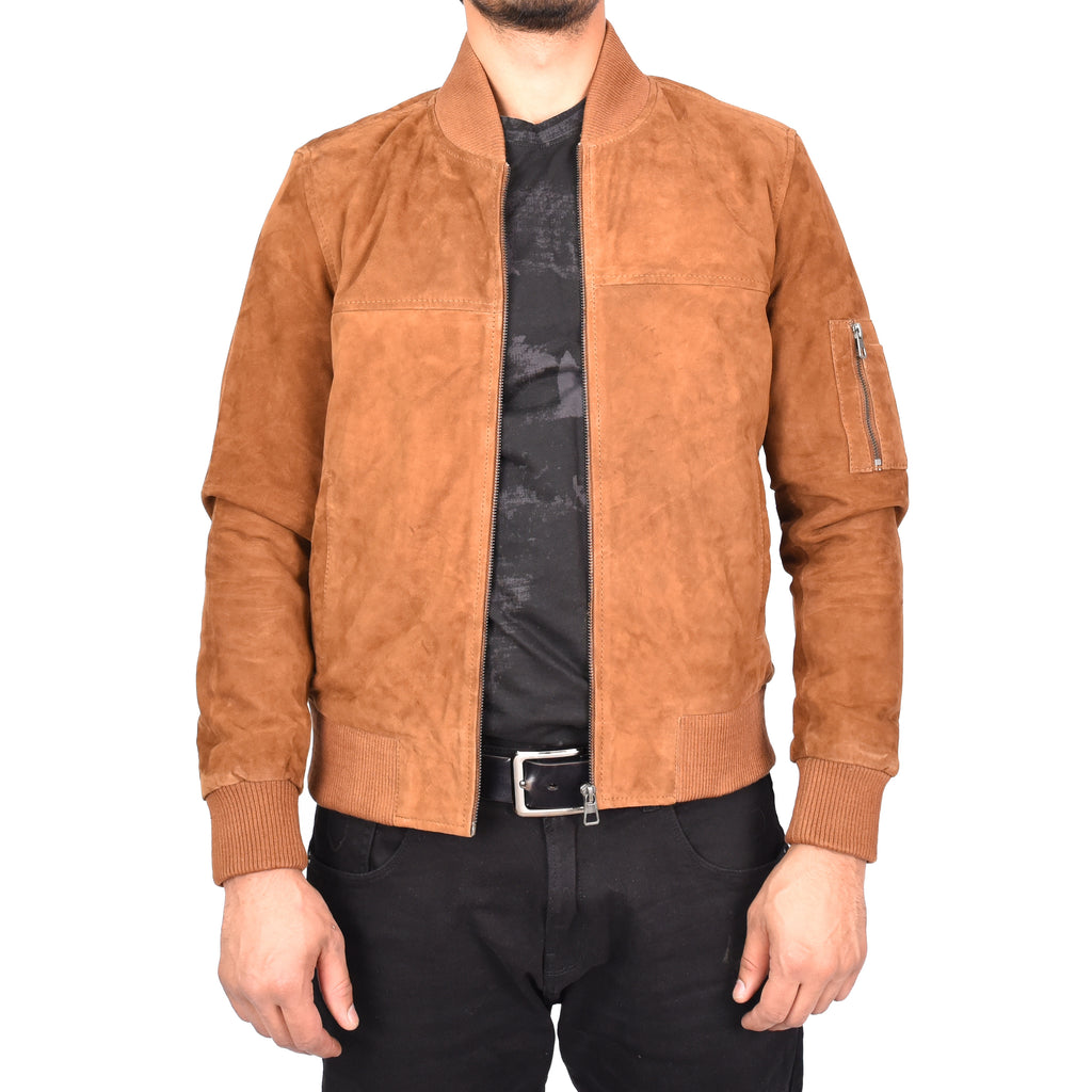 Mens Genuine Goat Suede MA-1 Bomber Jacket Varsity Style Thorin Tan 3