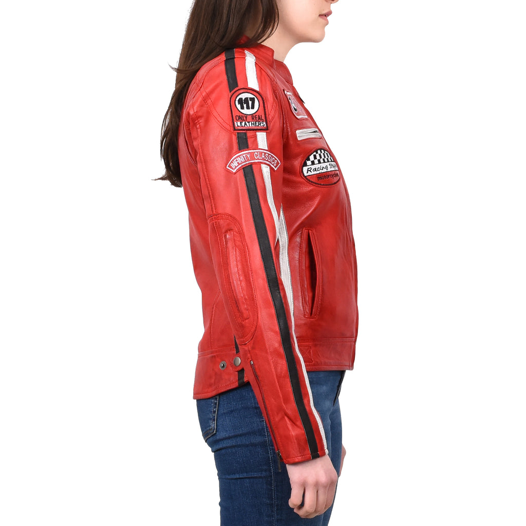 Women's Genuine Leather Biker Racing Badges Jacket Café Racer Red Rayne 3