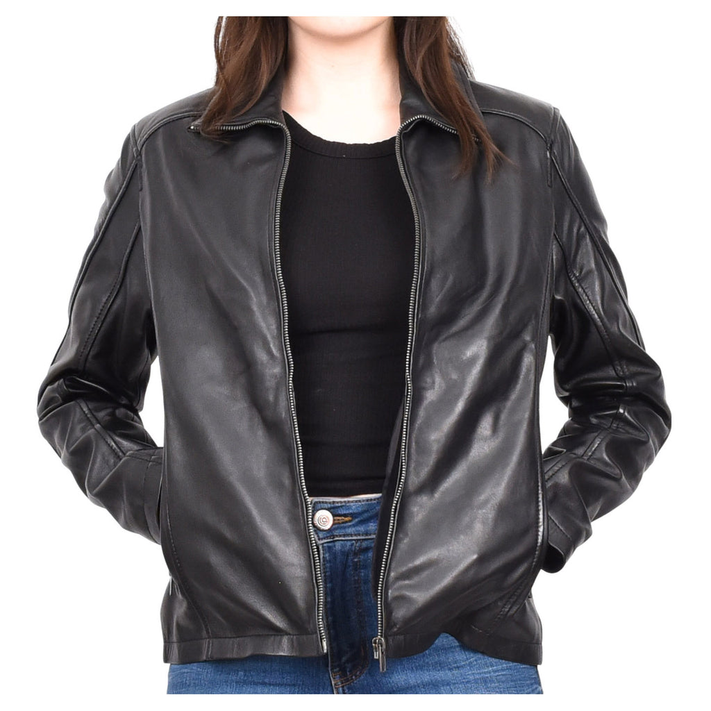 Women's Classic Box Zip Up Biker Genuine Leather Jacket Raven Black