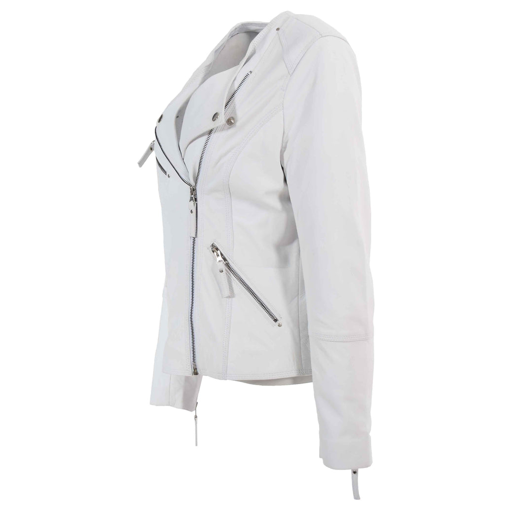 DR572 Women's Casual Cross Zip Leather Jacket Off White 3