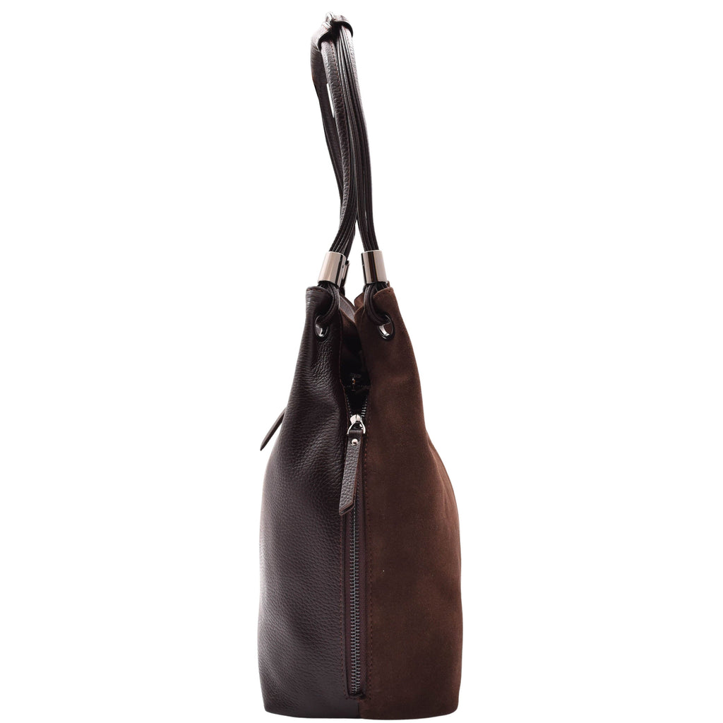 DR593 Women's Suede Leather Large Shoulder Bag Zip Hobo Brown 3