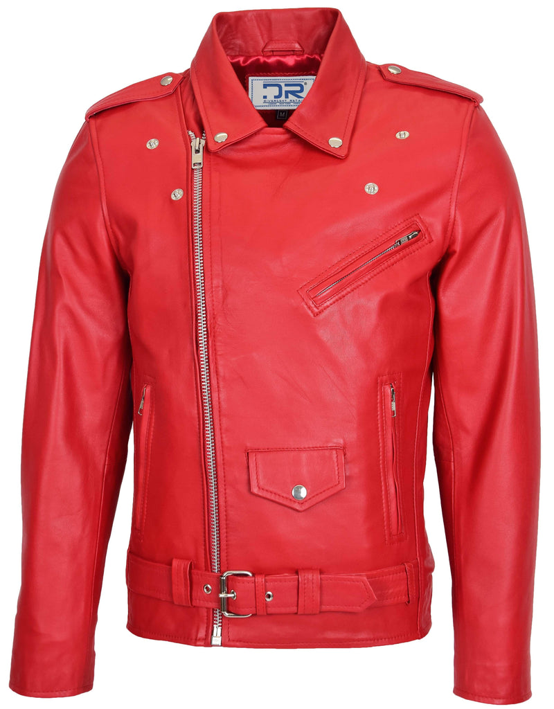 DR100 Men's Biker Real Leather Jacket Red 7
