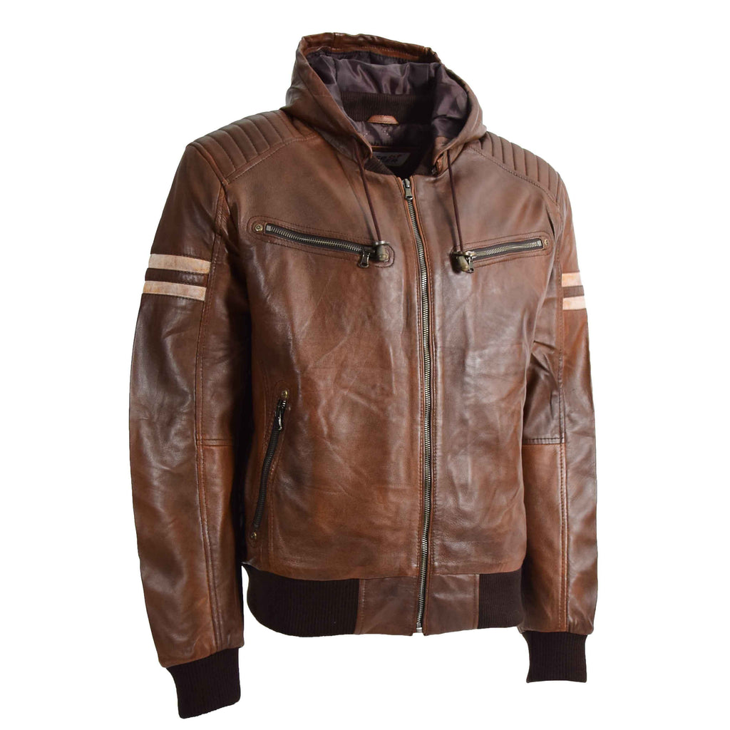 DR573 Men's Leather Zip Closure Bomber Jacket With Removable Hood Cognac 3