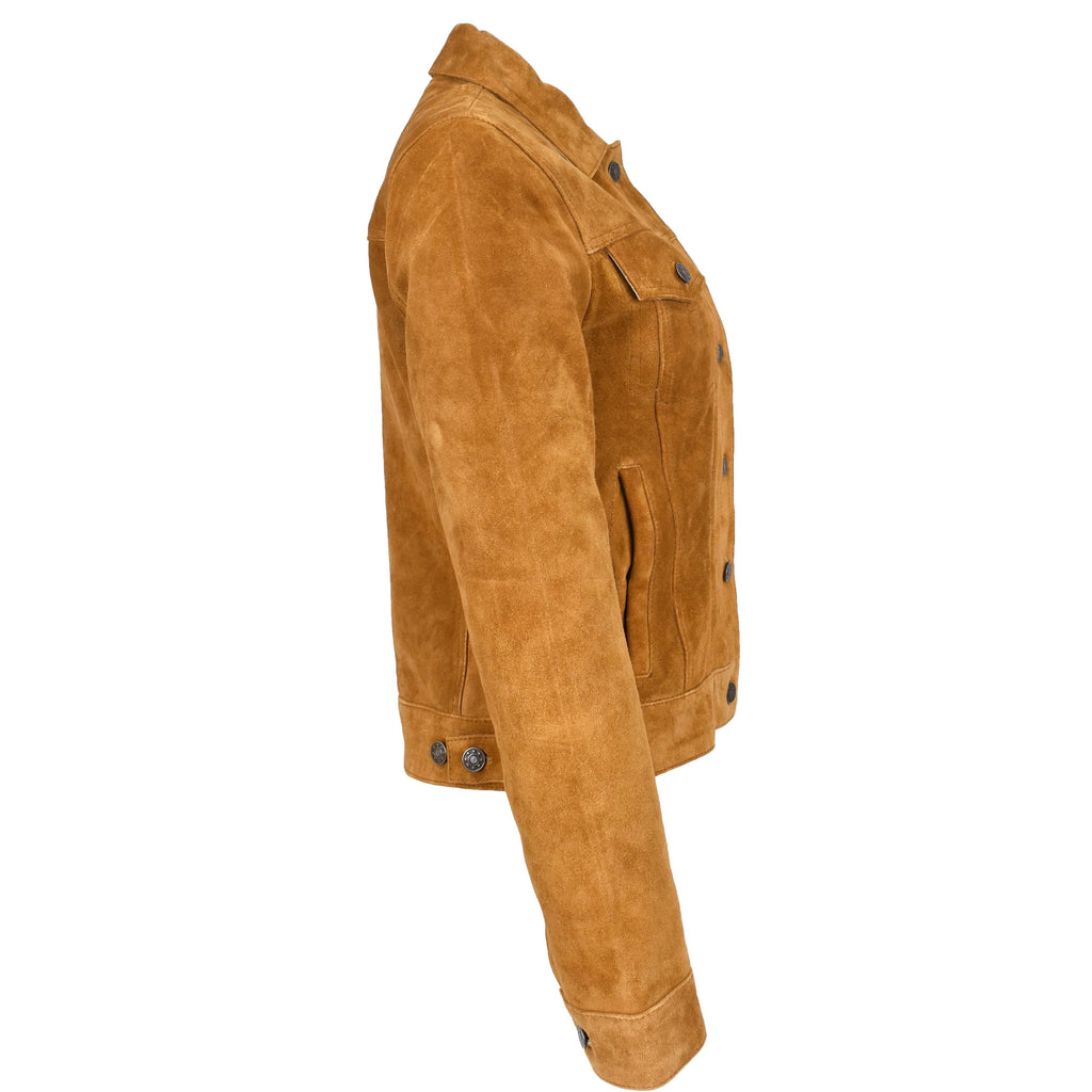 Women's Retro Denim Style Real Suede Jacket Tan Trucka 3

