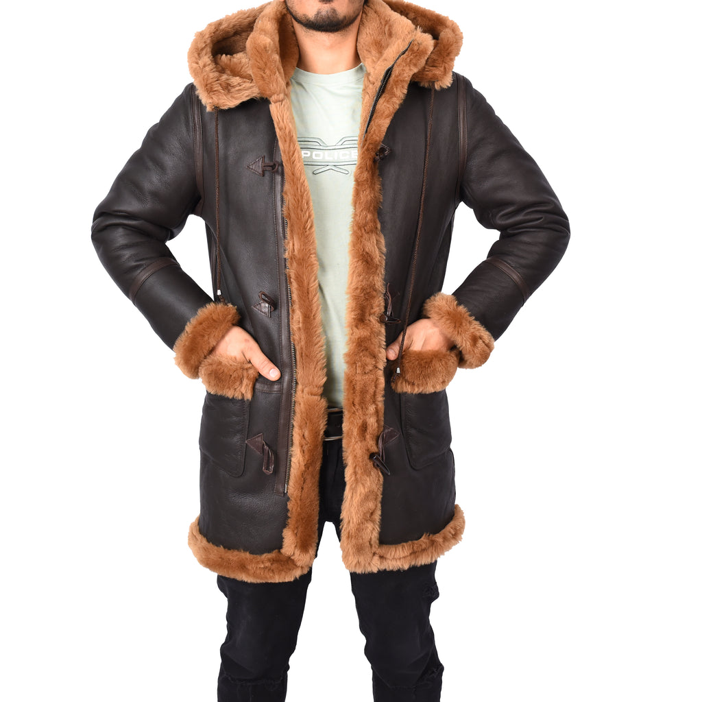 Mens Winter Sheepskin Hooded Duffel Coat ¾ Length Shearling Ronald Brown 3