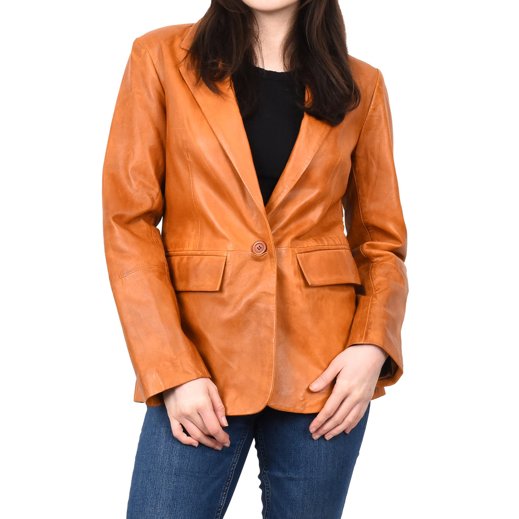 Women's Sheep Leather Single Button Blazer Jacket Classic Lilja Whiskey 3