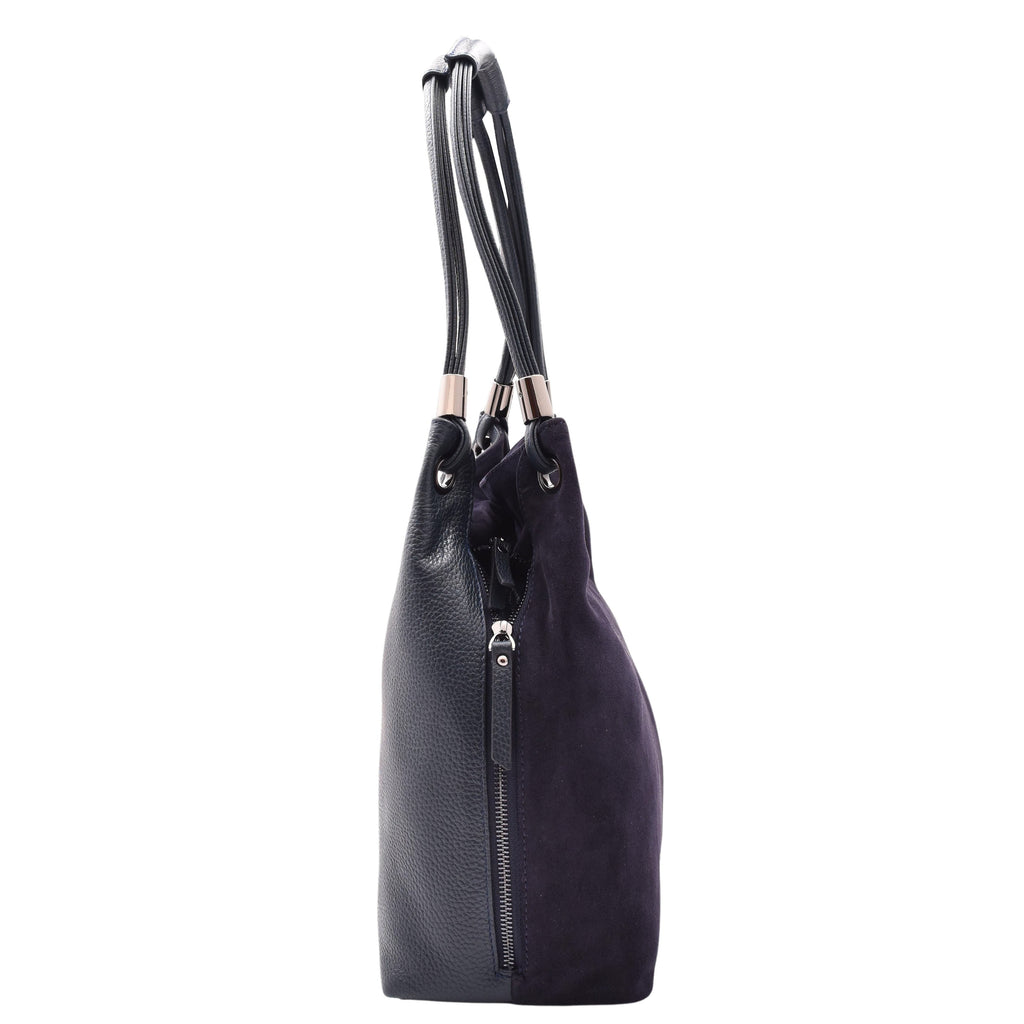 DR593 Women's Suede Leather Large Shoulder Bag Zip Hobo Navy 3