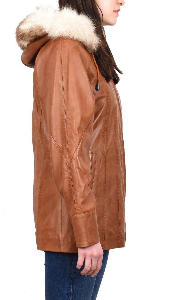 Women's Real Leather Coat with Fur Hood Winter Tan Chicora 3