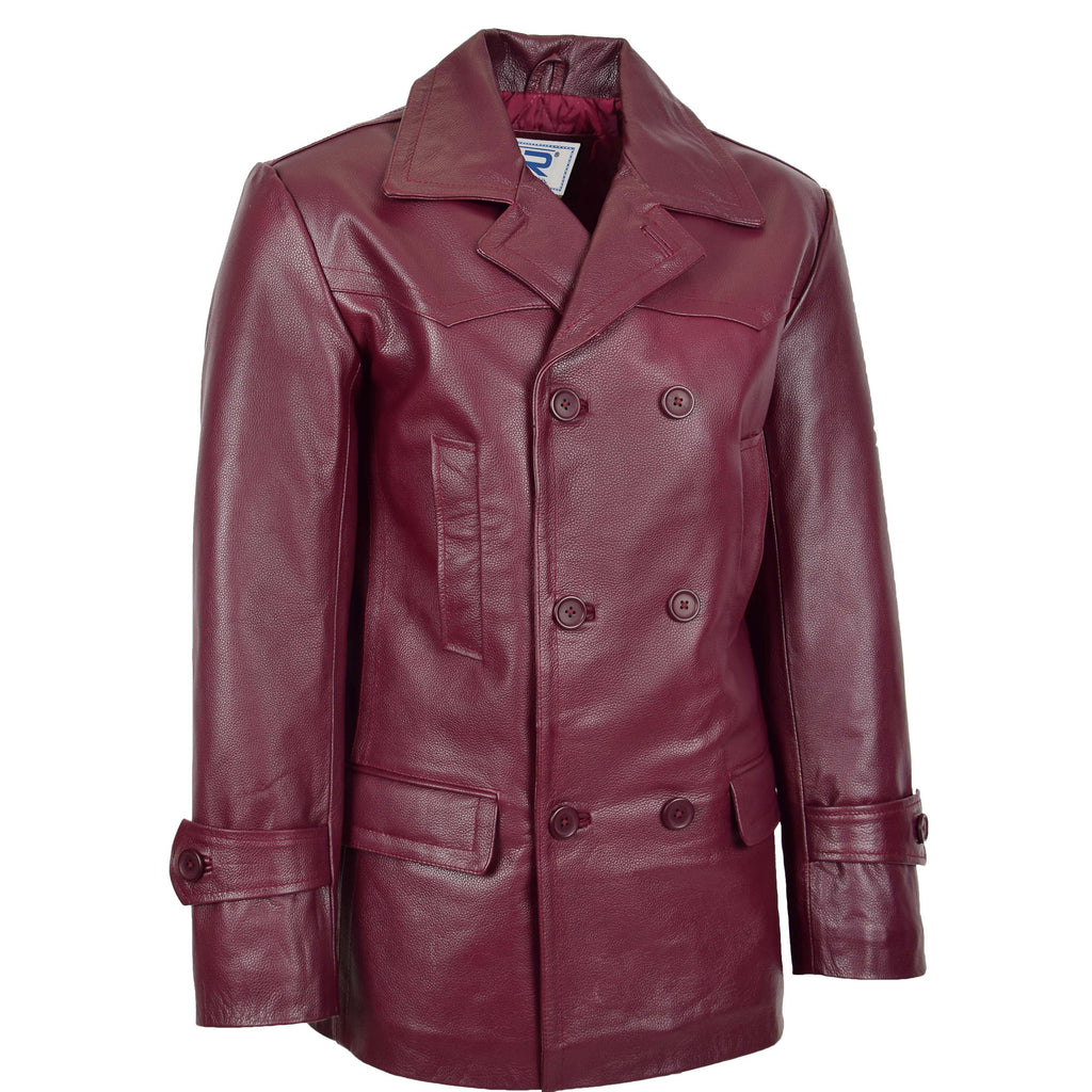 DR103 Men’s Trench Leather Fitted Reefer Military Overcoat Burgundy 3