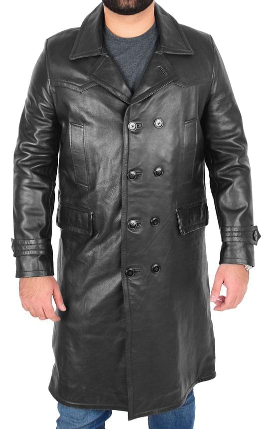 DR102 Men’s Trench Leather Coat 3/4 Long Overcoat Black 2