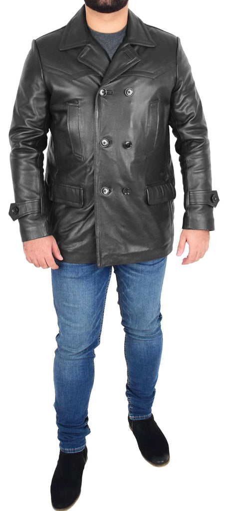 DR103 Men’s Trench Leather Fitted Reefer Military Overcoat Black 3