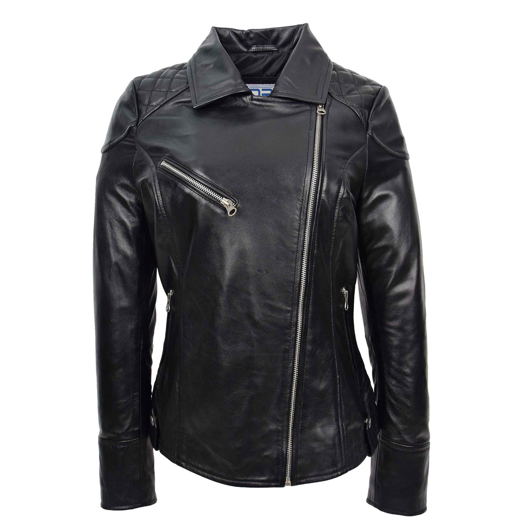 DR570 Women's Cross Zip Pocketed Real Leather Biker Jacket Black 3
