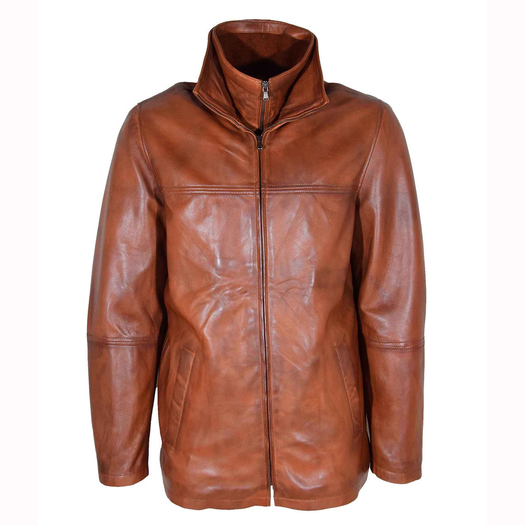 DR563 Men’s Genuine Leather Coat Detachable Collar Lining Cognac 4
