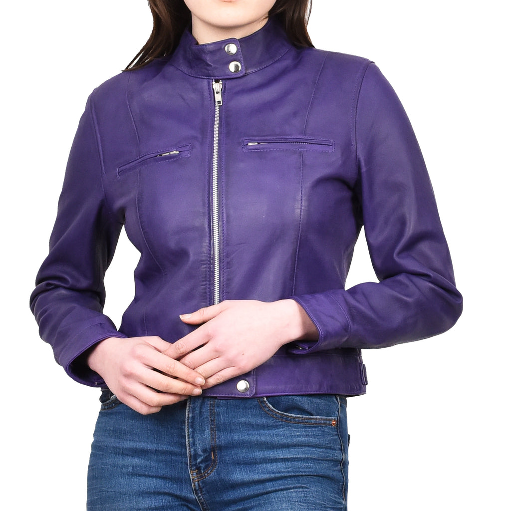 Women's Real Leather Biker Jacket Band Collar Short Slim Fit Trine Purple 4