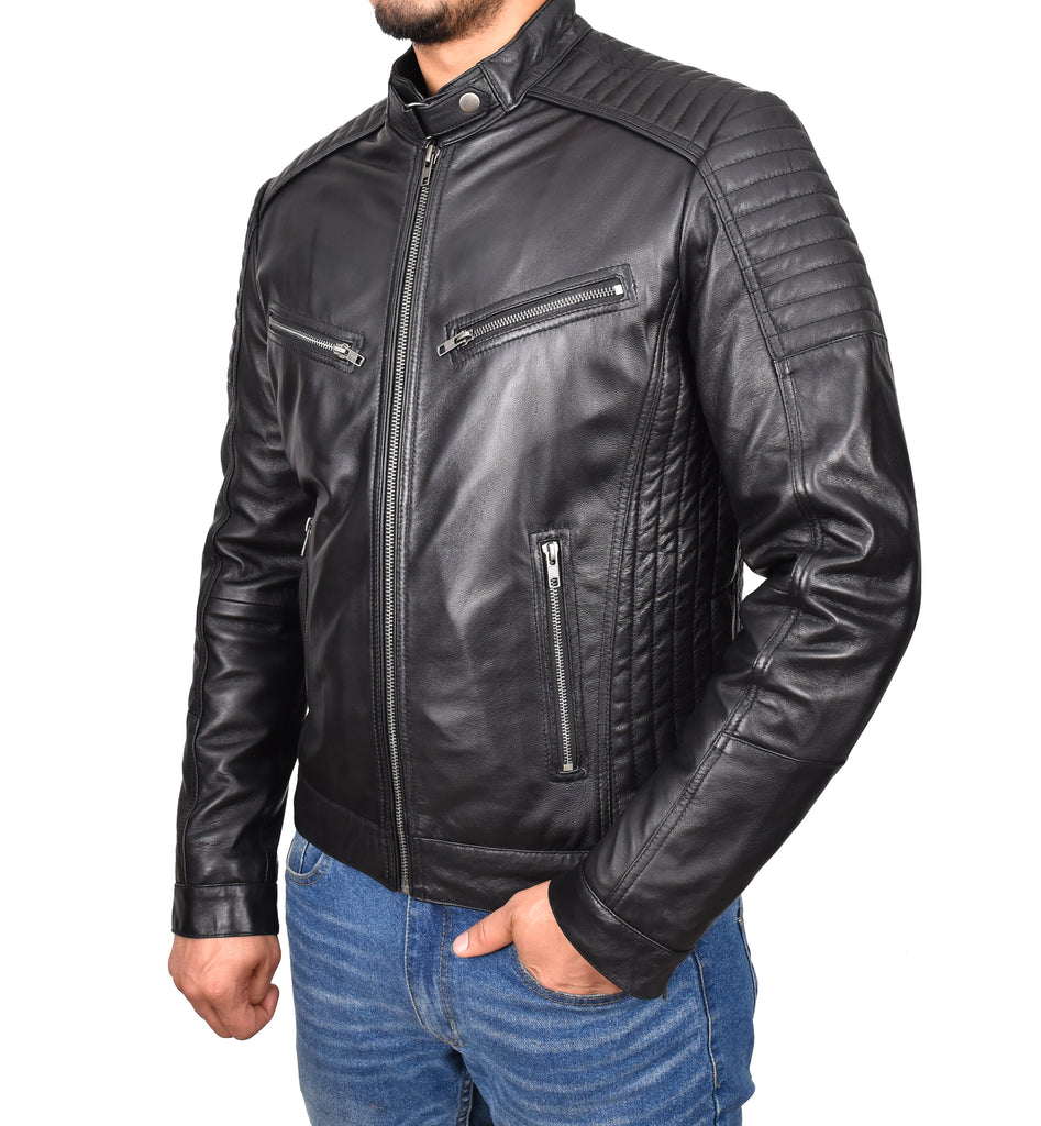 DR101 Men's Leather Cafe Racer Biker Jacket Black 4