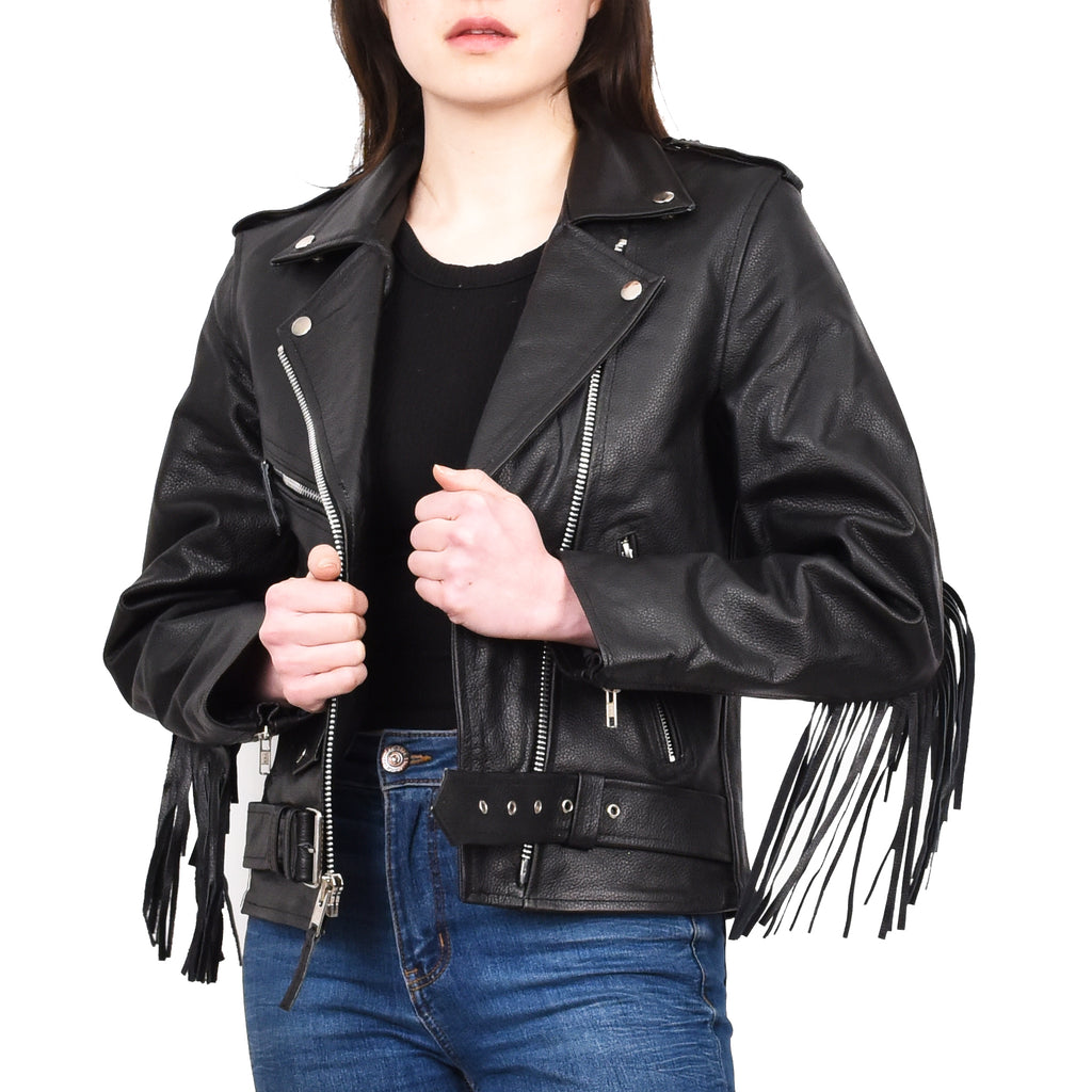 Women's Cowhide Leather Biker Jacket Brando Fringes Cross Zip Vinga Black 5