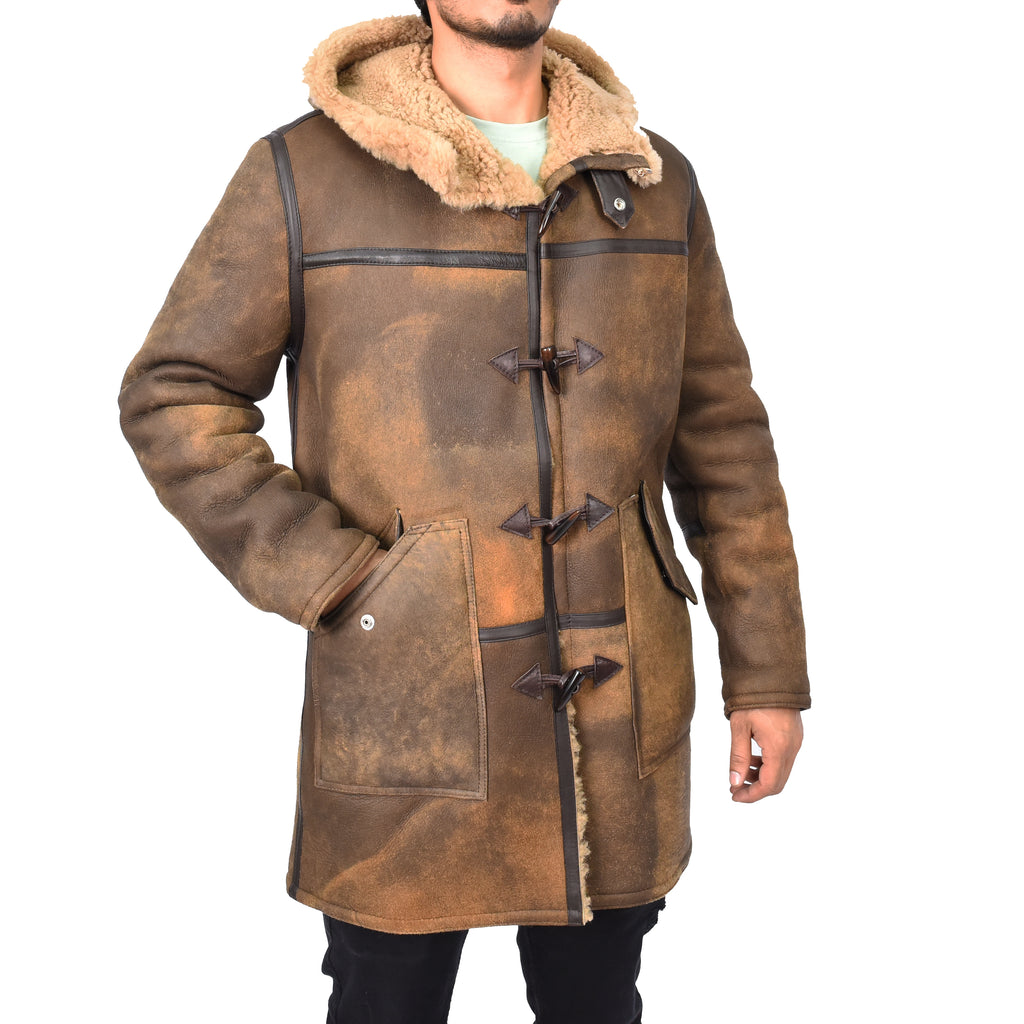 Mens Winter Antique Sheepskin Duffle Coat ¾ Length Shearling Duncan Brown 4