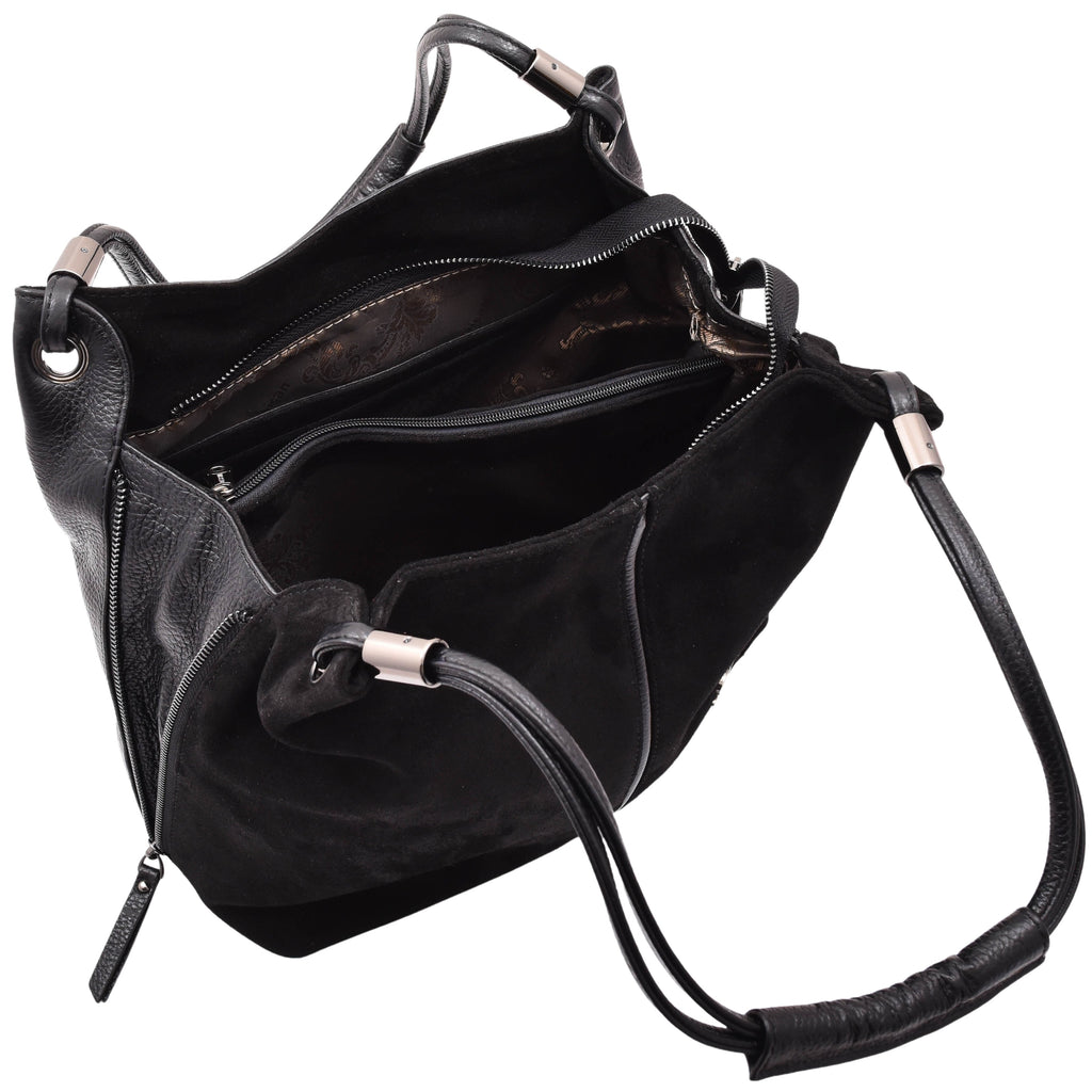DR593 Women's Suede Leather Large Shoulder Bag Zip Hobo Black 4