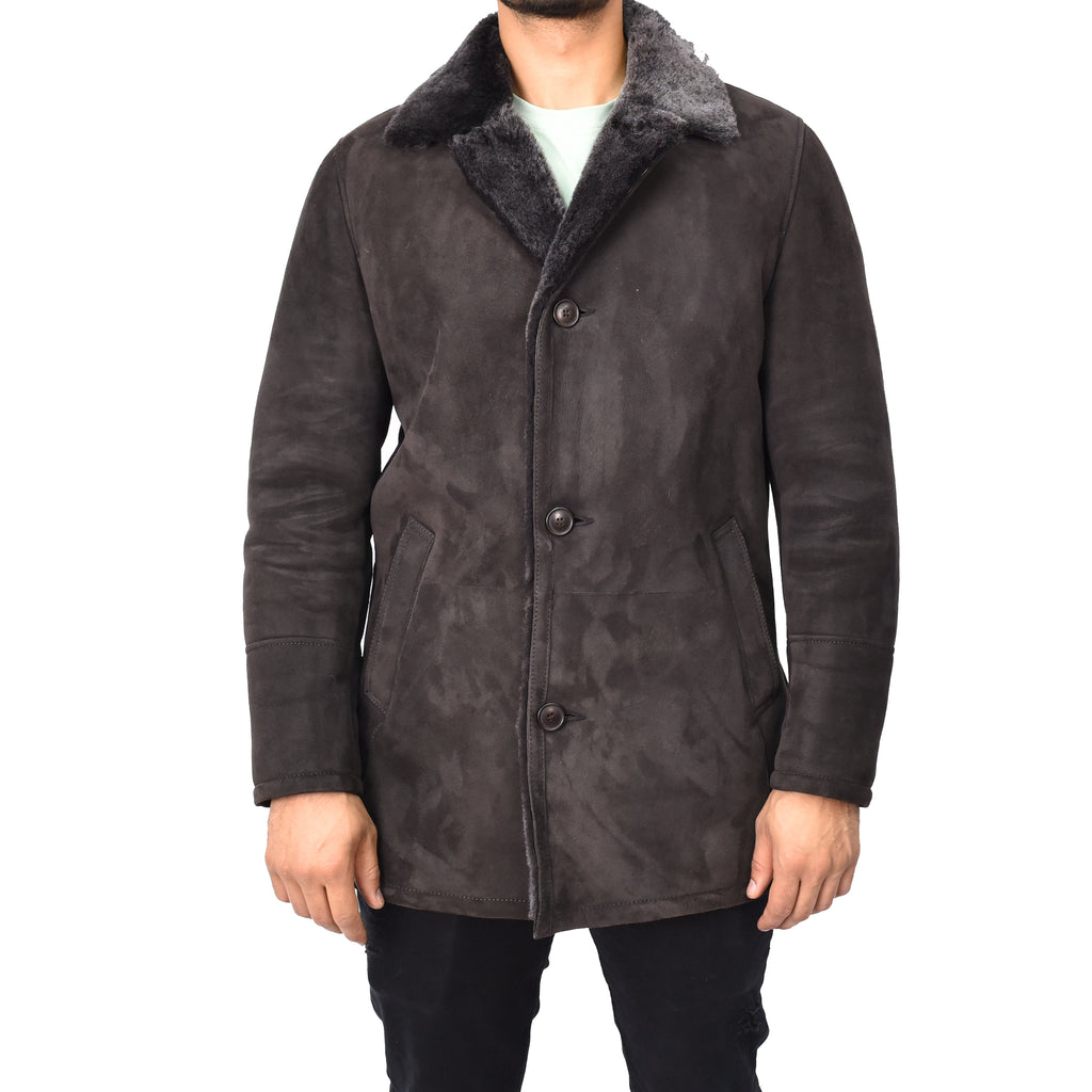 Mens Luxury Merino Sheepskin Classic Car Coat Shearling Walter Brown 4