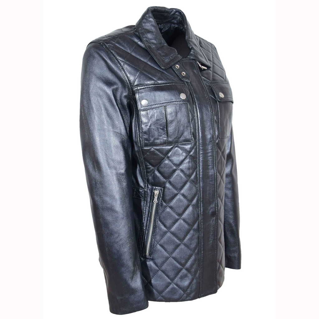 DR565 Women's Modern Leather Jacket Zip Pockets Quilted Black 3