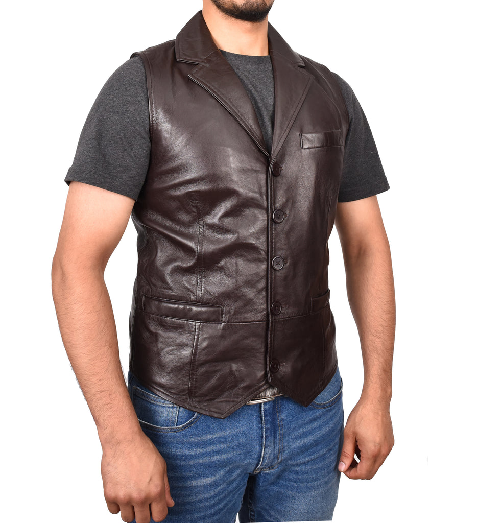 DR126 Men's Blazer Style Sheep Leather Waistcoat Brown 4