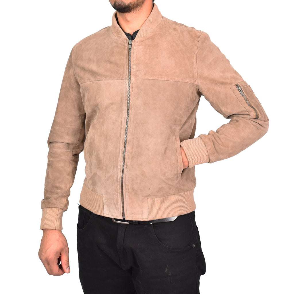 Mens Genuine Goat Suede MA-1 Bomber Jacket Varsity Style Thorin Beige 4