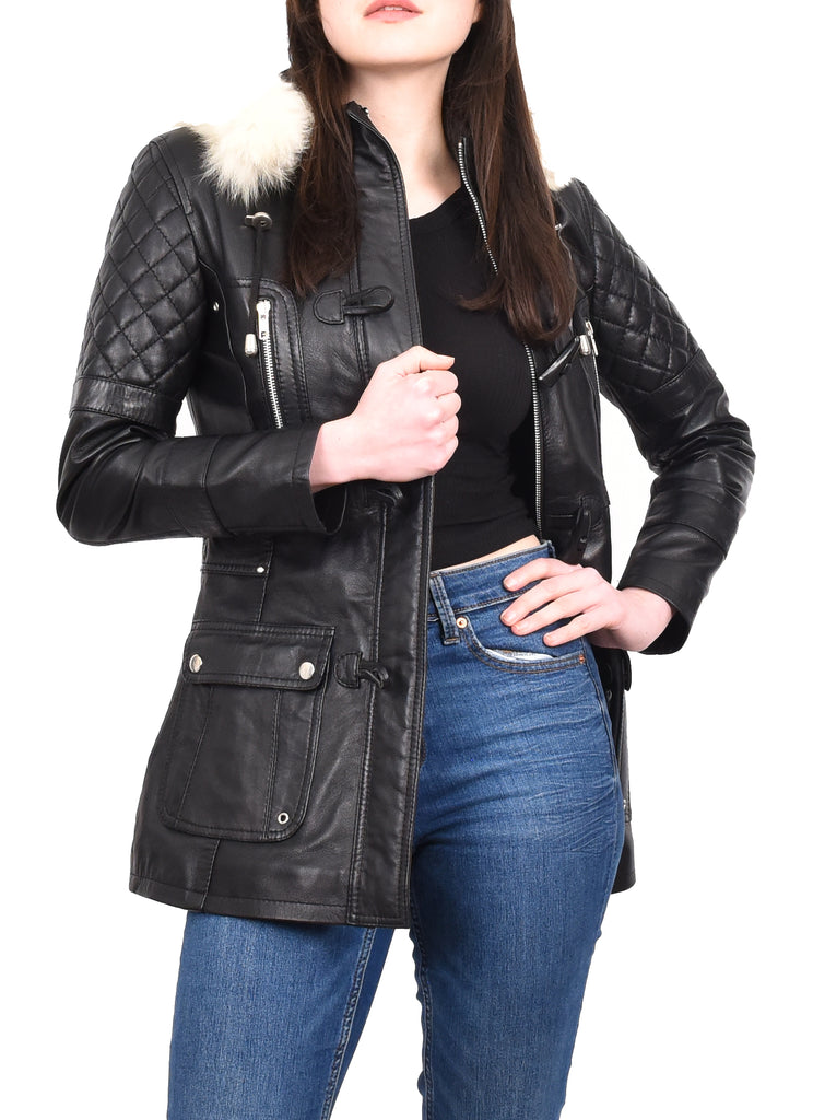 Women's Original Detachable Hoodie Duffel Leather Coat Black Velvetine 4