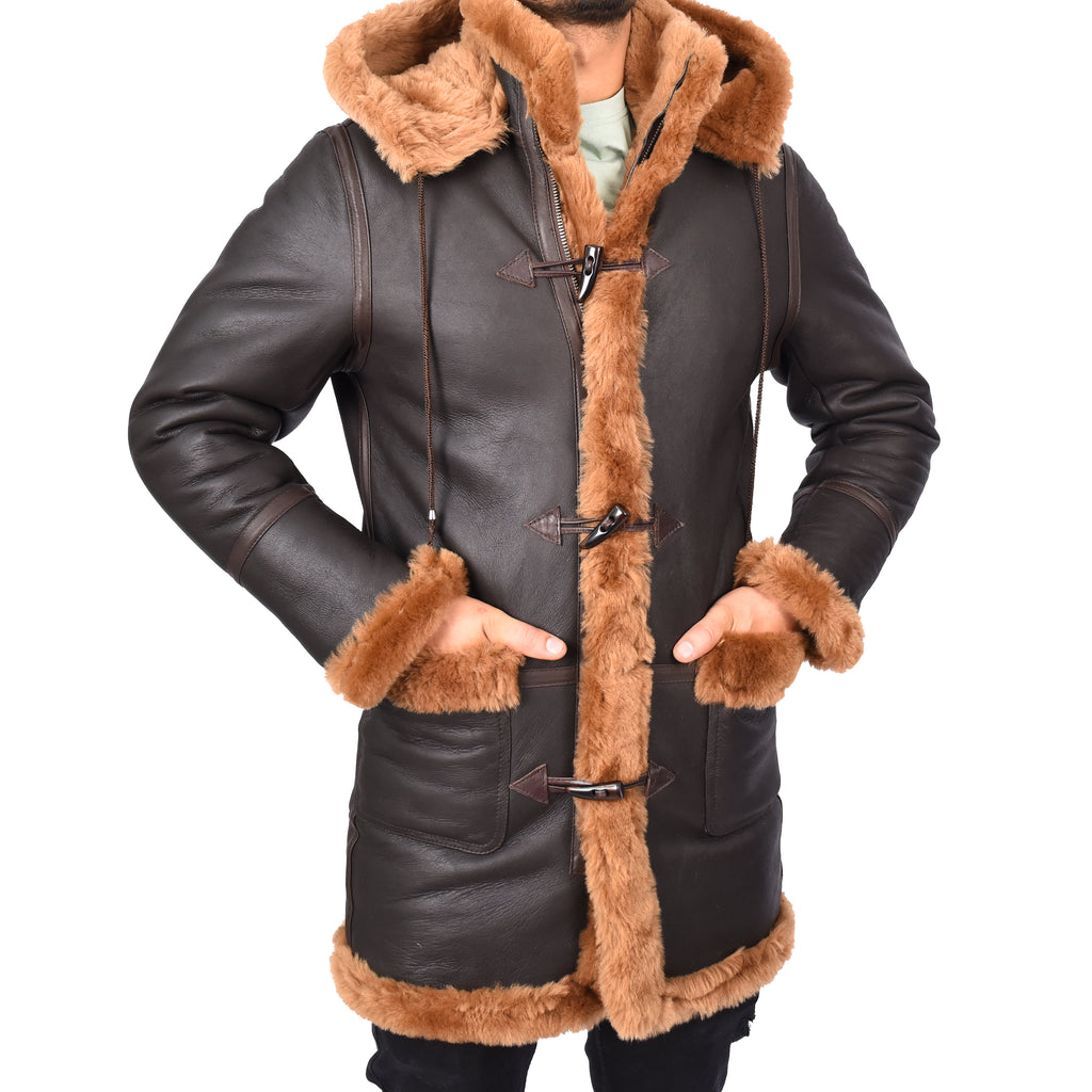 Mens Winter Sheepskin Hooded Duffel Coat ¾ Length Shearling Ronald Brown 4