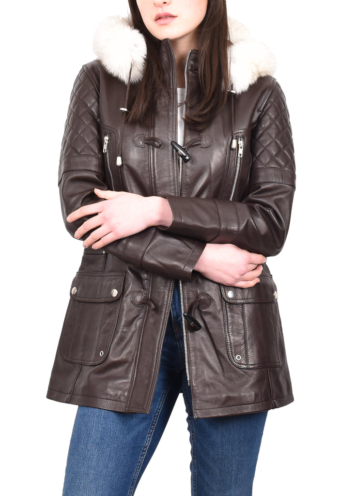 Women's Original Detachable Hoodie Duffel Leather Coat Brown Velvetine 3