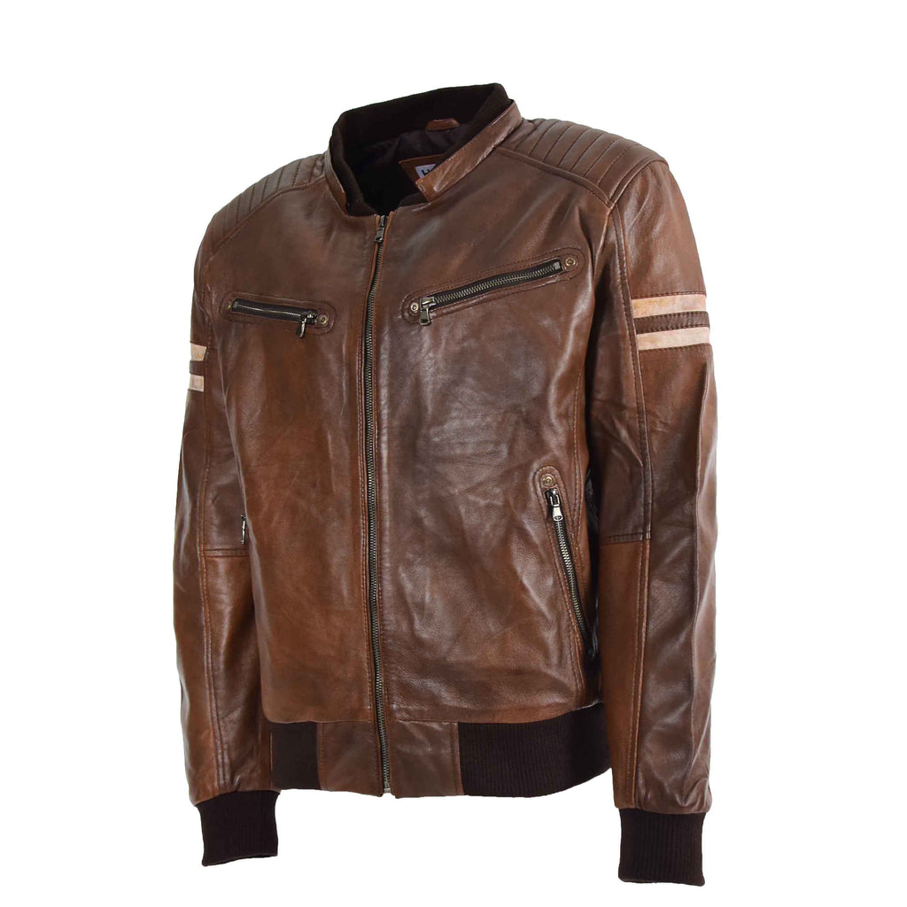 DR573 Men's Leather Zip Closure Bomber Jacket With Removable Hood Cognac 4