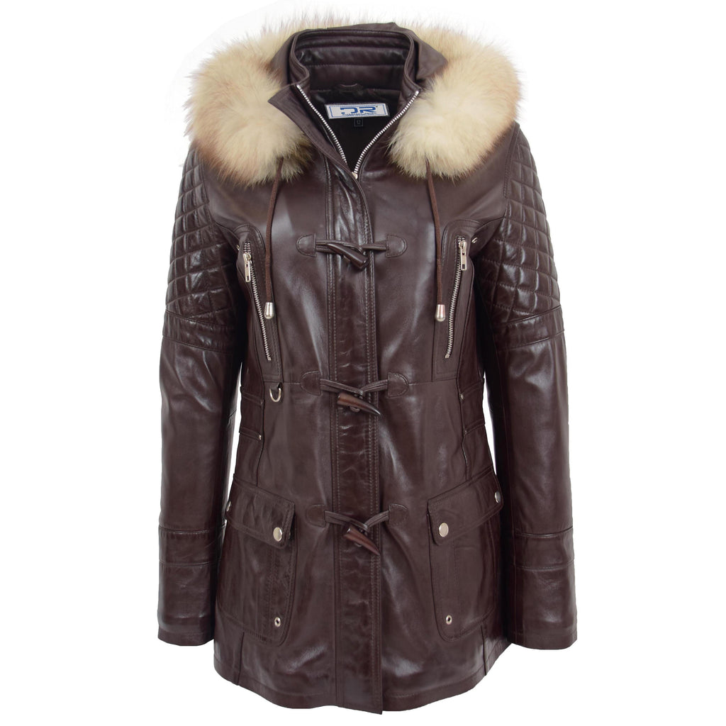 DR227 Women's Original Duffle Style Leather Coat Brown 1