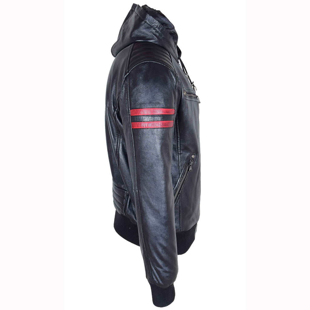 DR562 Men's Leather Hooded Bomber Jacket Black 4