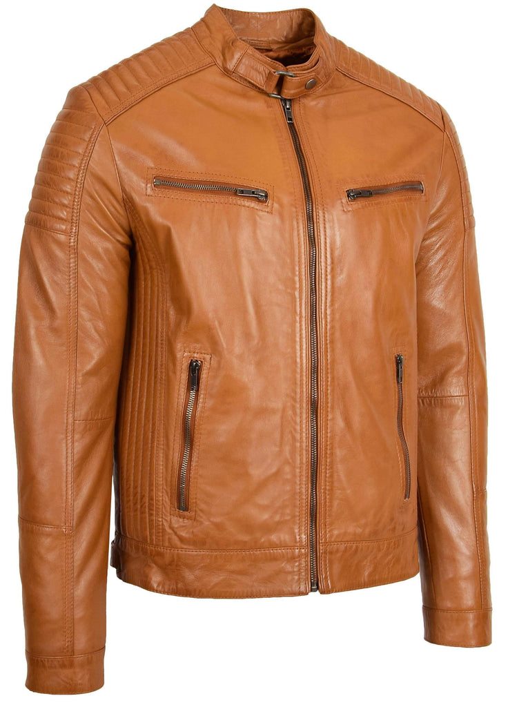 DR101 Men's Leather Cafe Racer Biker Jacket Tan 3