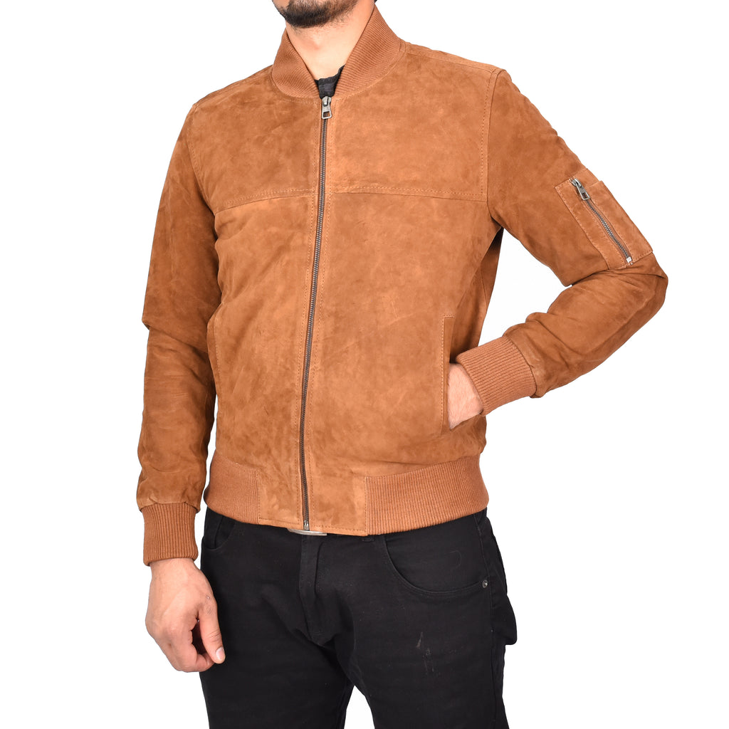 Mens Genuine Goat Suede MA-1 Bomber Jacket Varsity Style Thorin Tan 4