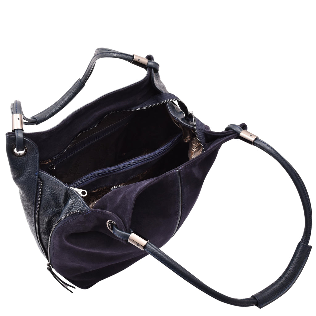 DR593 Women's Suede Leather Large Shoulder Bag Zip Hobo Navy 4