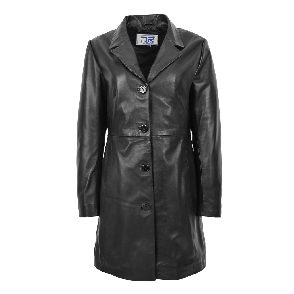 DR424 Women's Smart Long Leather Coat Black 1