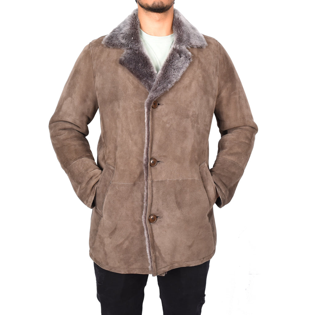 Mens Luxury Merino Sheepskin Classic Car Coat Shearling Walter Taupe 4